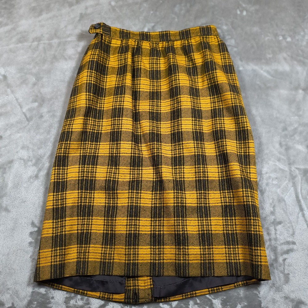 Vintage Valentino Boutique Skirt Womens 8 Yellow Plaid Tartan Wool A Line Midi - Picture 2 of 8